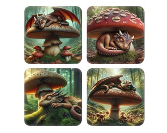 Baby dragons sleeping with mushrooms coaster set of 4. Fantasy forest art