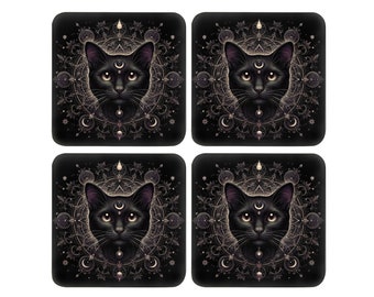 Mystical black cat coaster set of 4. Witchy black kitty cats
