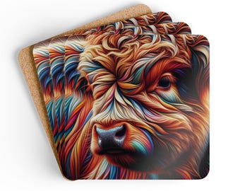 Highland cow coaster set of 4. Rainbow stylized beverage drink coasters