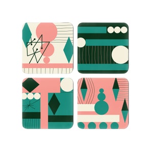 Mid Century Modern geometric print 1950&#39;s style drink coaster set of 4. Funky geo design coasters