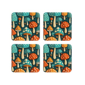 Retro Mushroom Print Coaster Set Of 4. Cork Backed Square Coasters.