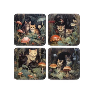 Kittens And Mushroom Print Coaster Set Of 4. Cork Backed Square Coasters.