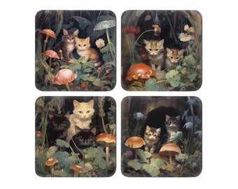 Kittens And Mushroom Print Coaster Set Of 4. Cork Backed Square Coasters.