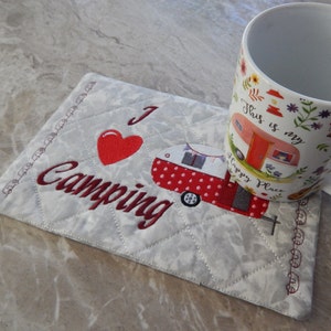 I (heart) Camping Mug Rug, Approx. 6&quot;H x 9&quot;W, Machine Embroidered, Handmade