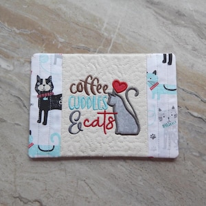 Cat Mug Rug: Coffee Cuddles, Embroidered Handmade Cotton Coaster 5.5"H x 8"W