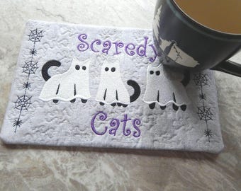 Scaredy Cats Mug Rug, Approx. 6"H x 9"W, Machine Embroidered, Handmade