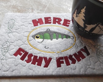 Here Fishy Fishy Mug Rug, Approx. 6" x 9", Machine Embroidered, Handmade