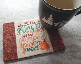 Pumpkin Spice Candles Mug Rug: Embroidered Fall Coaster (4.5" x 6.5")