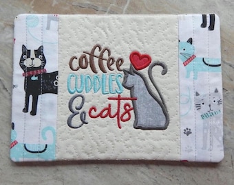 Cat Mug Rug: Coffee Cuddles and Cats, Embroidered Handmade Cotton Coaster 5.5"H x 8"W