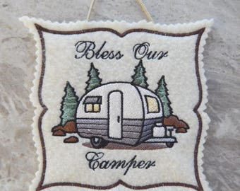 Bless our Camper Wall Hanging: Embroidered RV Decor, Camping Gift