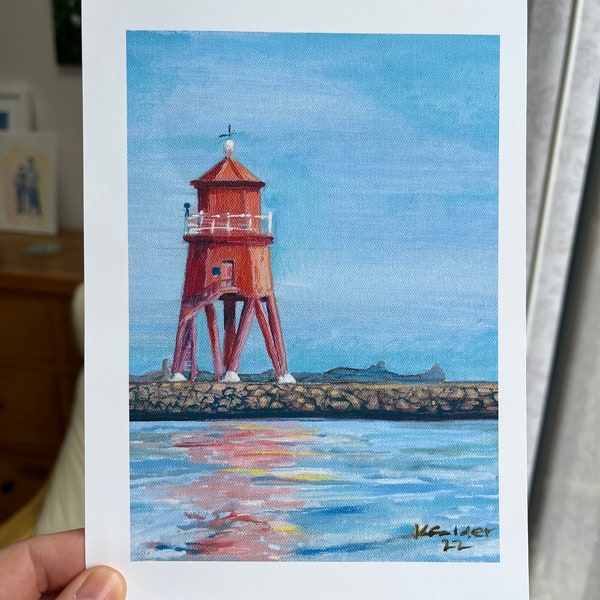 Digital art print of Herd groyne lighthouse at South Shields signed by the artist Kathleen Calder and taken from an original oilpainting