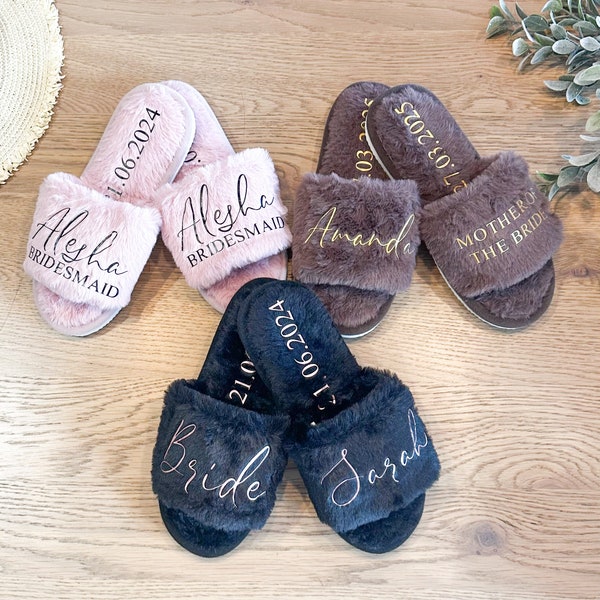 Custom Fluffy Slippers, Fluffy Cross slippers, Custom Bride Slippers, Bride to Be Gift, Bridesmaid Gift, Bachelorette Party, Fluffy Slippers