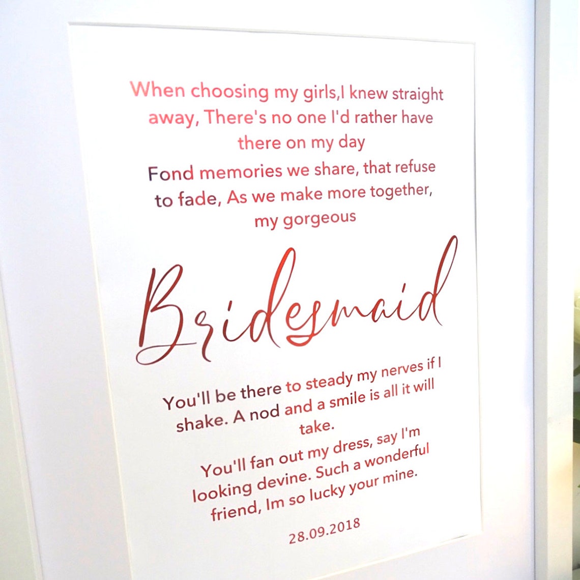 Custom Foil Picture Special bridesmaid poem Gift For Etsy