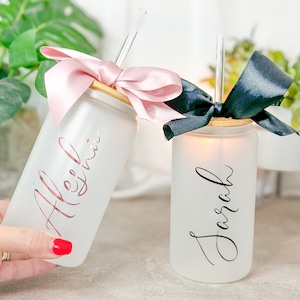 Personalized Iced Coffee Cup, 20oz Glass Cup, Custom Beer Can Glass with Lid and Straw, Bridesmaid Proposal Gift, Glass can coffee cup
