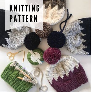 May include: Knitting pattern for a hat with a pom pom. The hat is made with a variety of colors, including black, white, gray, and burgundy. The pattern includes instructions for knitting the hat and the pom pom.