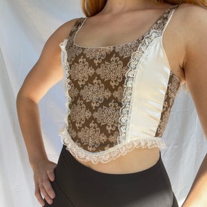 Handmade Regency Corset Top: Brown Damask Lace Crop Top