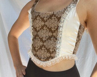 regency corset stays, regency top, Renaissance corset, dentelle artisanale corset marron crop top hippie fairy princess boho