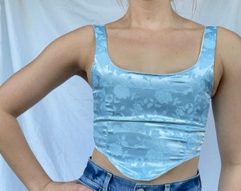 blue corset top reversible, renaissance top, cottagecore corset lingerie, fairy corset, soft girl, satin corset, floral corset bustier top
