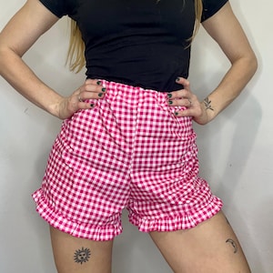 Ruffle boxer shorts, plaid women’s boxers, gingham bloomers, cottagecore clothing, trendy clothes, soft girl pants