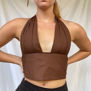 70s Inspired Brown Halter Top: Handmade Cotton Retro Fashion