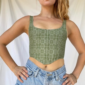 floral green corset top, sage green crop top, handmade crop top paisley print corset, cottagecore corset, green bustier top