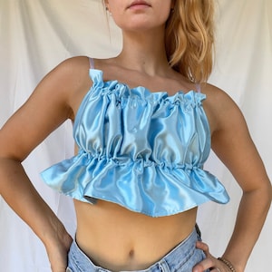 ruffle crop top, y2k crop top, y2k clothing, 2000s clothing, ruched top, satin top