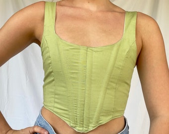 green corset top, cottagecore clothing, cottagecore corset, sage green top, handmade clothing, hippie fairy princess boho