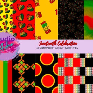 May include: A collection of ten digital papers with various patterns. The designs include hearts in Pan-African colors, the number 1865, fireworks, and abstract art. The papers are 12" x 12" and 300dpi, perfect for Juneteenth celebrations.