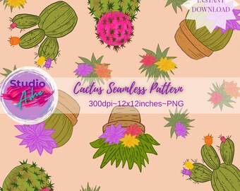 Bright Peach Cactus Seamless Pattern Floral Desert Digital Paper Cactus Clipart Background Boho Printable Fabric Design