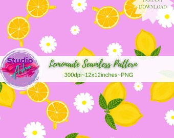 Lemon & Floral Seamless Pattern | 12x12 PNG | Lavender Background | Bold Summer Digital Paper| Scrapbooking| Fabric| Sunglasses|Sublimation