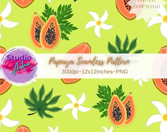 Papaya Seamless Pattern |Exotic Floral Digital Paper, Summer Vibes Background, Scrapbook Paper, Fabric, Printable Pattern, Repeating Pattern