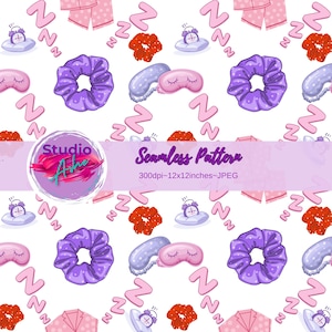 Könnte beinhalten: Nahtloses Muster mit Schlafmotiven. Enthält lila Scrunchies, Schlafmasken, Wecker auf Kissen und rosa Pyjamas. Das Design enthält auch den Buchstaben "Z" in einem sich wiederholenden Muster. Der Text "Seamless Pattern" ist ebenfalls sichtbar.