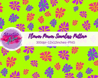 Retro Flower Power Seamless Fabric | Neon Purple, Orange & Magenta Flowers | 12x12 PNG Digital Paper | Bright 70s Pattern