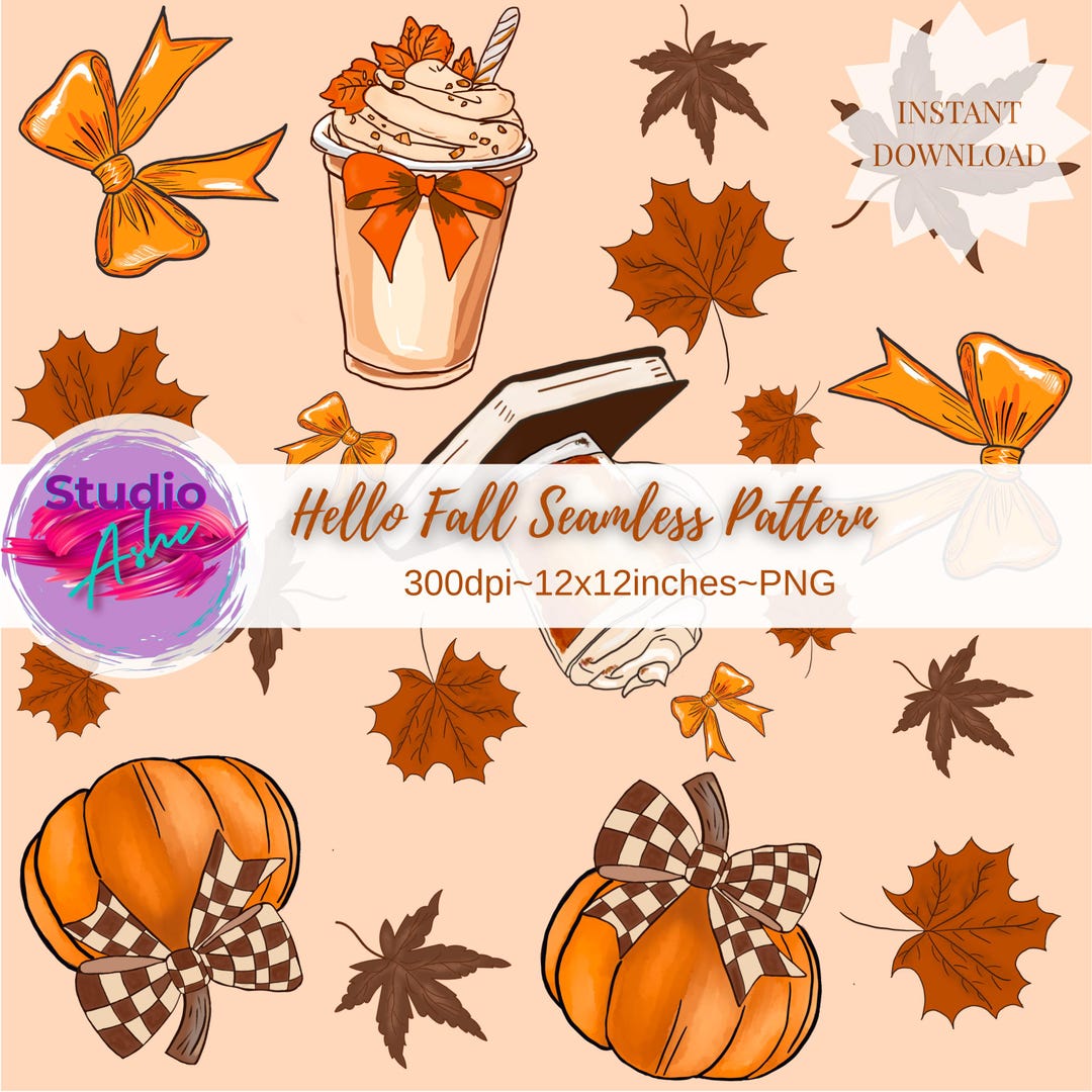Hello Fall Seamless Pattern | Fall Digital Paper With Pumpkins, Bows ...