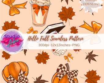 Hello Fall Seamless Pattern | Fall Digital Paper with Pumpkins, Bows & Leaves | Pumpkin Spice Fabric Design | 300dpi | png