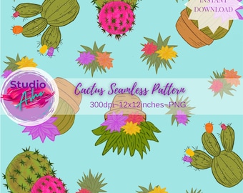Bright Blue Cactus Seamless Pattern Floral Desert Digital Paper Cactus Clipart Background Boho Printable Fabric Design