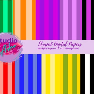Striped Digital Paper Bundle – 10 Seamless Patterns | Rainbow, Pastel, Bold Stripes | Printable Backgrounds for Scrapbooking & Crafts