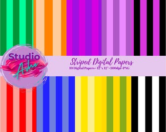 Striped Digital Paper Bundle – 10 Seamless Patterns | Rainbow, Pastel, Bold Stripes | Printable Backgrounds for Scrapbooking & Crafts