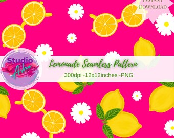 Lemon & Floral Seamless Pattern | 12x12 PNG | Hot Pink Background | Bold Summer Digital Paper| Scrapbooking| Fabric| Sunglasses|Sublimation