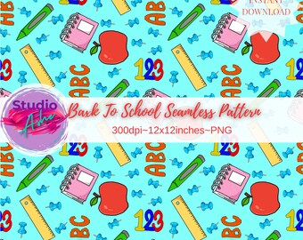 Back to School Seamless Pattern | Digital Download | Classroom Clipart | Cute Teacher Printable Paper | ABC 123 Ruler Apple Notebook