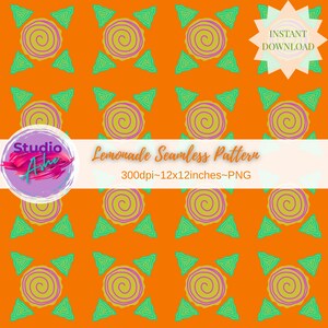 May include: Orange seamless pattern with repeating spiral and triangle shapes in yellow, purple, and green. The pattern includes the text "Lemonade Seamless Pattern" and "Instant Download". The design is 12x12 inches.