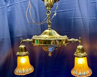 Antique Brass Two-Light Chandelier ca1890's  - Signed Stuben Aurene Shades