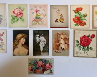 Twelve Miscellaneous Antique  Vintage Greeting Cards & Postcards