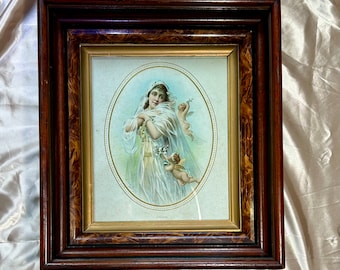 Fancy Antique Walnut Frame with 19th Century Signed Color Print