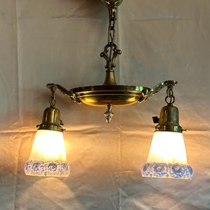 Antique Brass Hanging Light Fixture - Matching Vintage Shades.