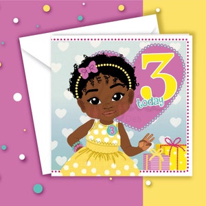 Cartão de aniversário para menina negra de 3 anos, comemoração de terceiro aniversário, crianças com cabelo afro, crianças multiculturais, meninas empoderadas, designs Fefus