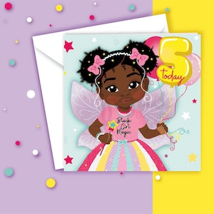 5ème carte d'anniversaire de fille noire | Célébration du cinquième anniversaire | Marron Enfants | Enfants afro-américains | Multiculturel | Autonomiser les filles