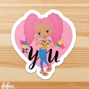 Gemischte Rassen Afro Girl Aufkleber | Rosa Puffs Haar | Be-Sie Nachricht | Gestanzte Aufkleber für Kinder & Jugendliche