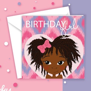 Biglietto di compleanno per bambina / Bambina nera con trecce di capelli afro e fiocco rosa / Biglietto per bambini / Multiculturale / Ragazze che danno potere / Fefus Designs