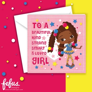 Carte de voeux fille noire, jolies cartes d'anniversaire pour filles, carte de remerciement, cartes de fête pour enfants, enfants multiculturels, autonomiser les filles